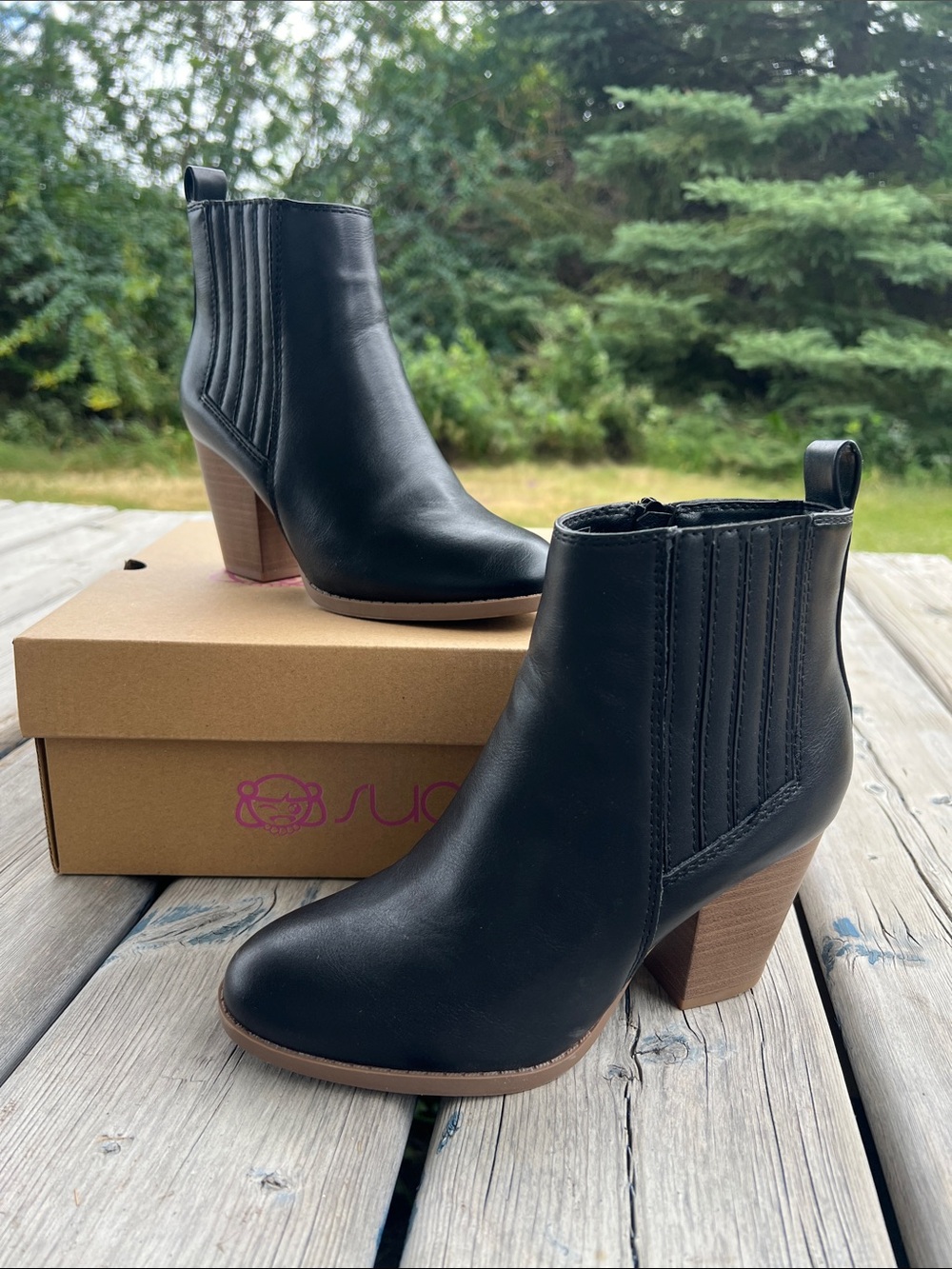 Black Women's Ankle Bootie with Stacked Heel
